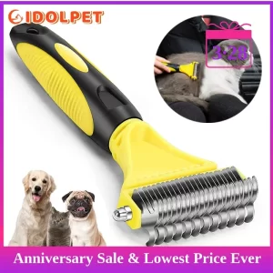 Pets Stainless Steel Grooming Brush Two-Sided Shedding and Dematting Undercoat Rake Comb for Dog Cat Remove Knots Tangles Easily