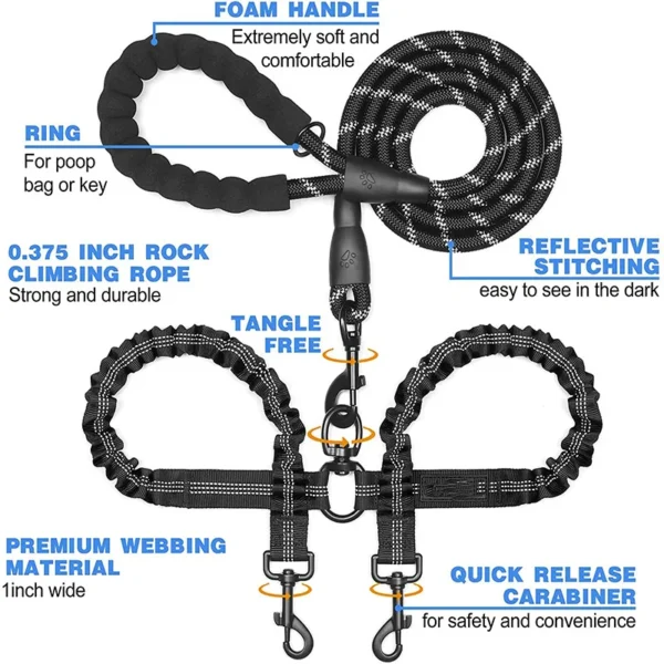 WALK 2 Two DOGS Leash COUPLER Double Twin Lead Walking Dog Leashes - Image 2